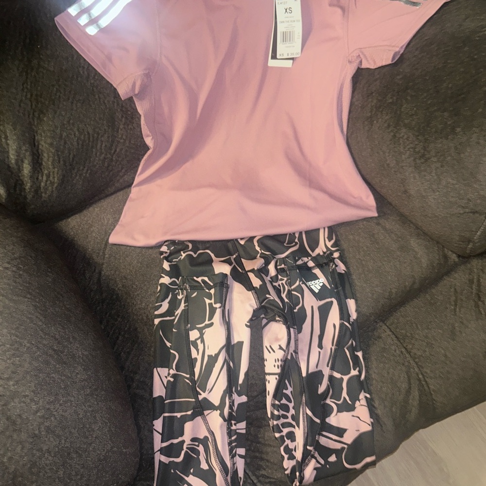 adidas Pink Short Sleeve Tee with Black & Pink Patterned Leggings